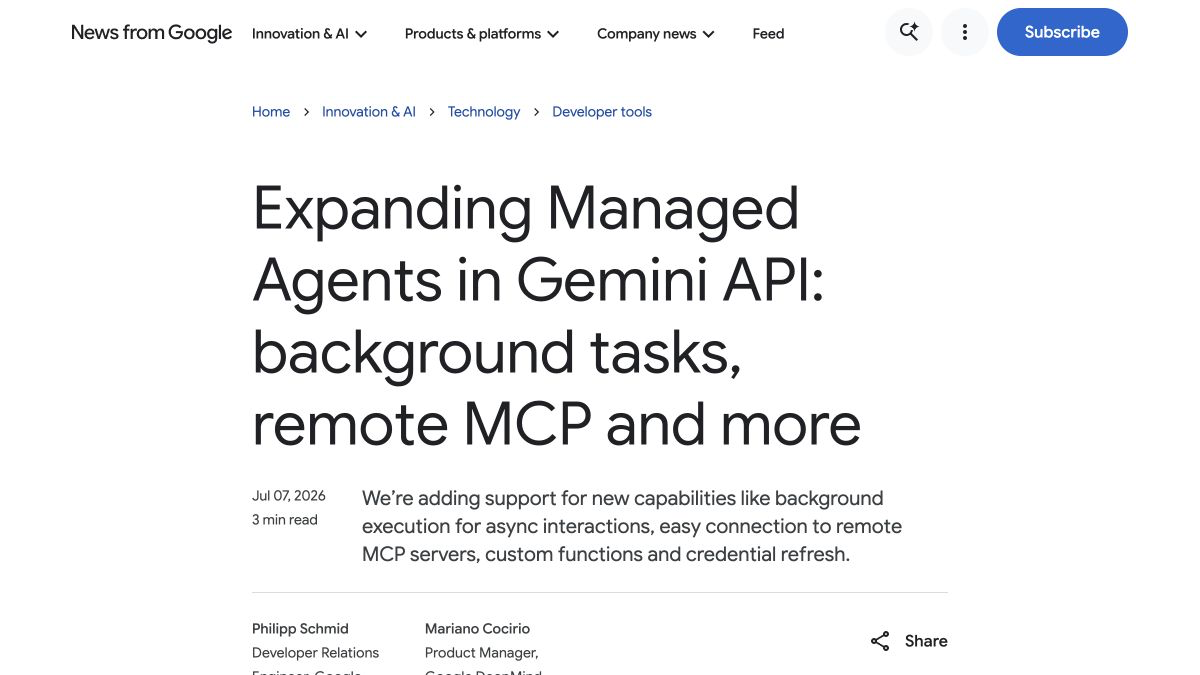 Скриншот анонса Managed Agents в Gemini API на сайте Google