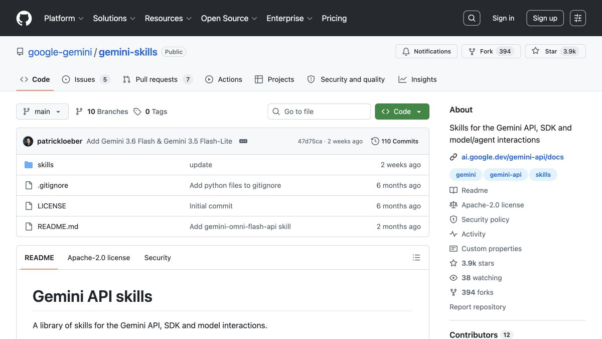 Скриншот репозитория google-gemini/gemini-skills на GitHub