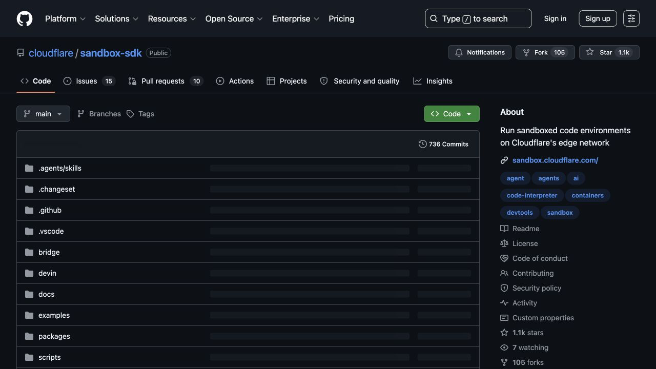 Репозиторий Cloudflare Sandbox SDK на GitHub