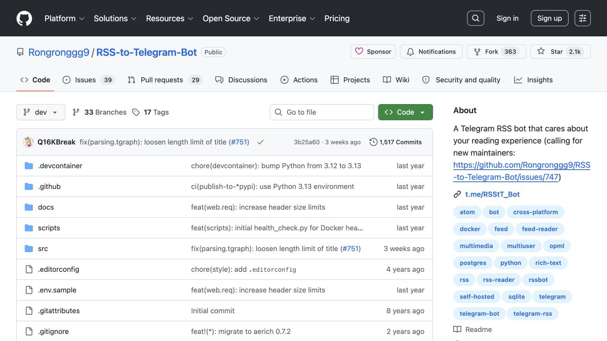 Скриншот репозитория Rongronggg9/RSS-to-Telegram-Bot на GitHub