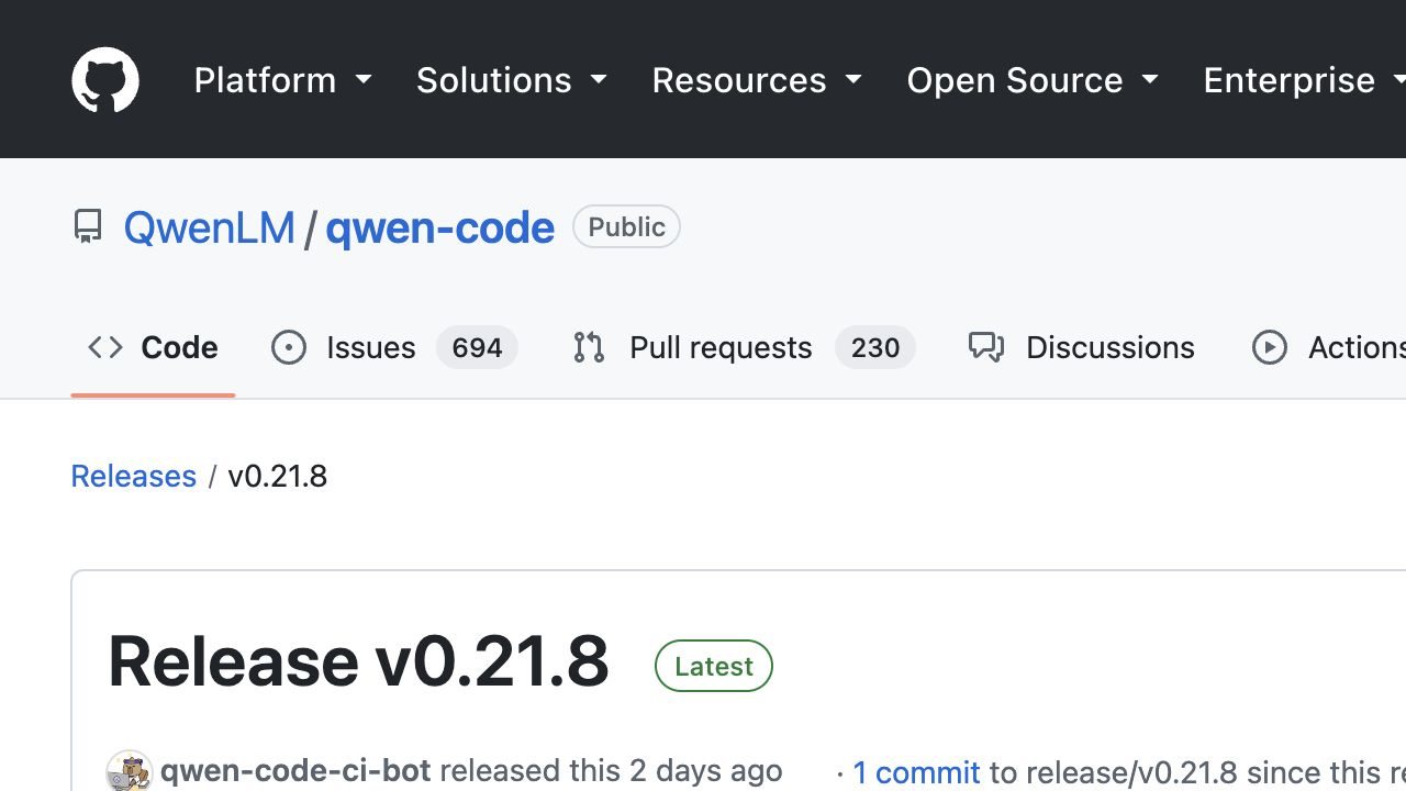 GitHub release Qwen Code v0.21.8