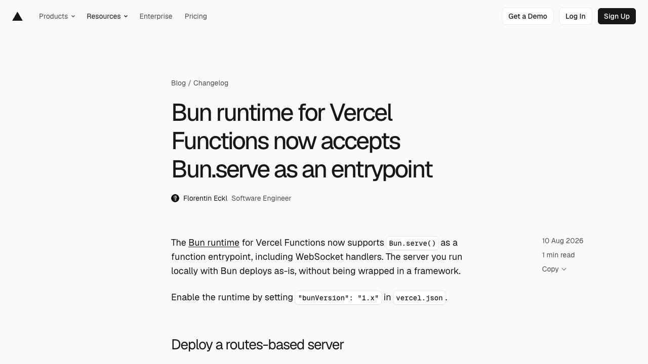Vercel Changelog о поддержке Bun.serve и WebSocket