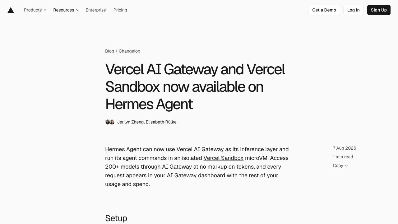 Vercel Changelog об AI Gateway и Sandbox для Hermes Agent