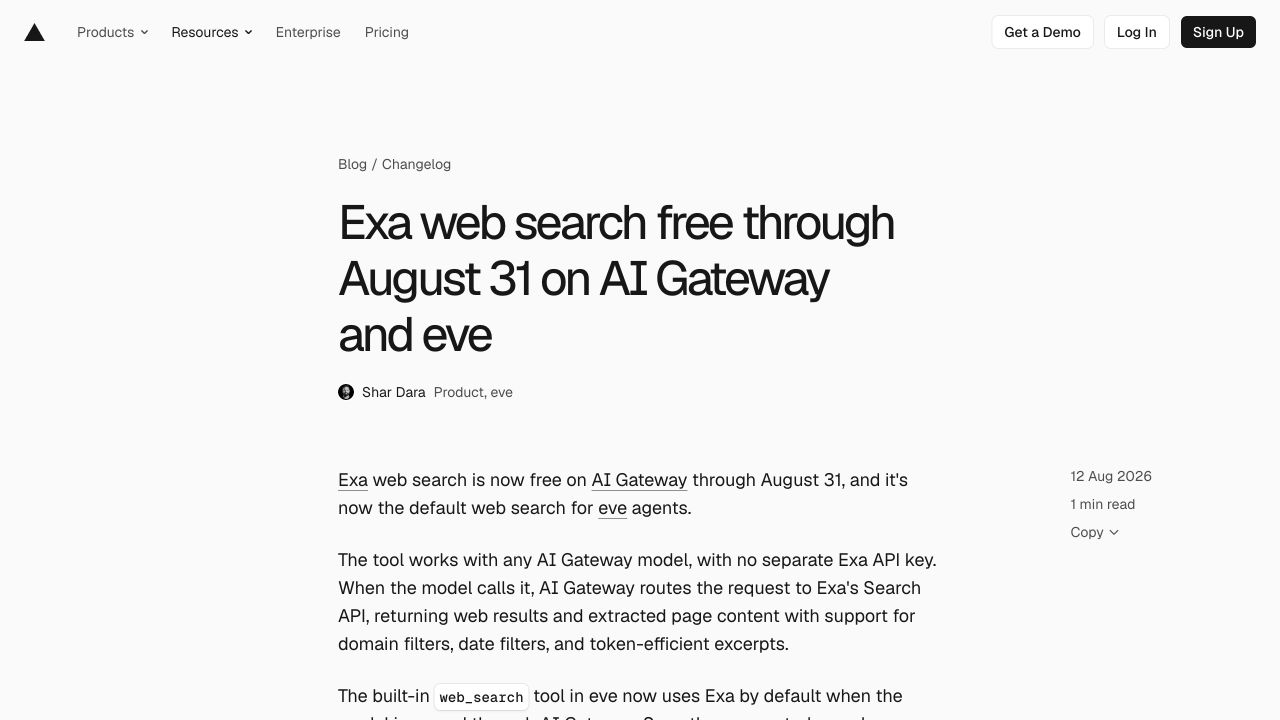 Exa web search в Vercel AI Gateway