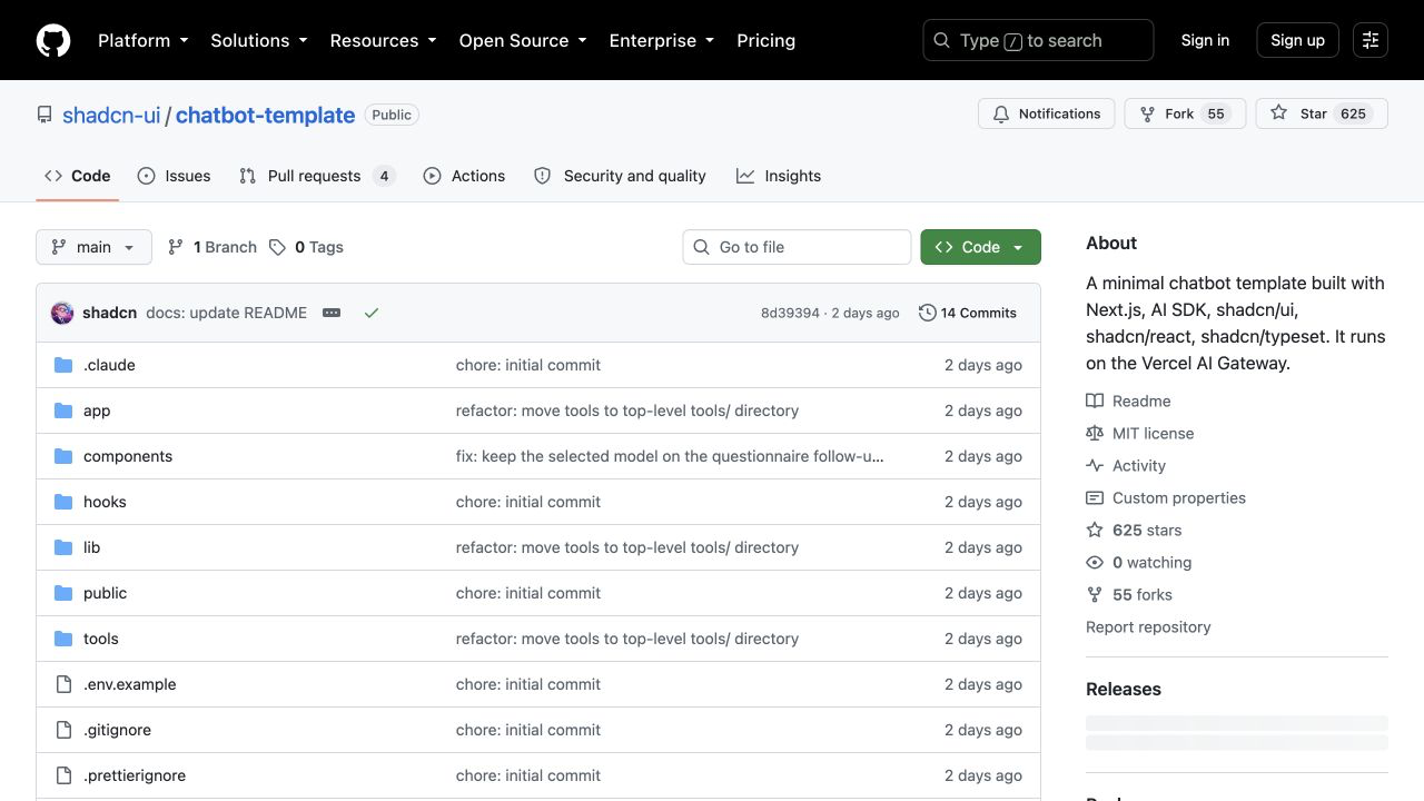 GitHub репозиторий shadcn chatbot template