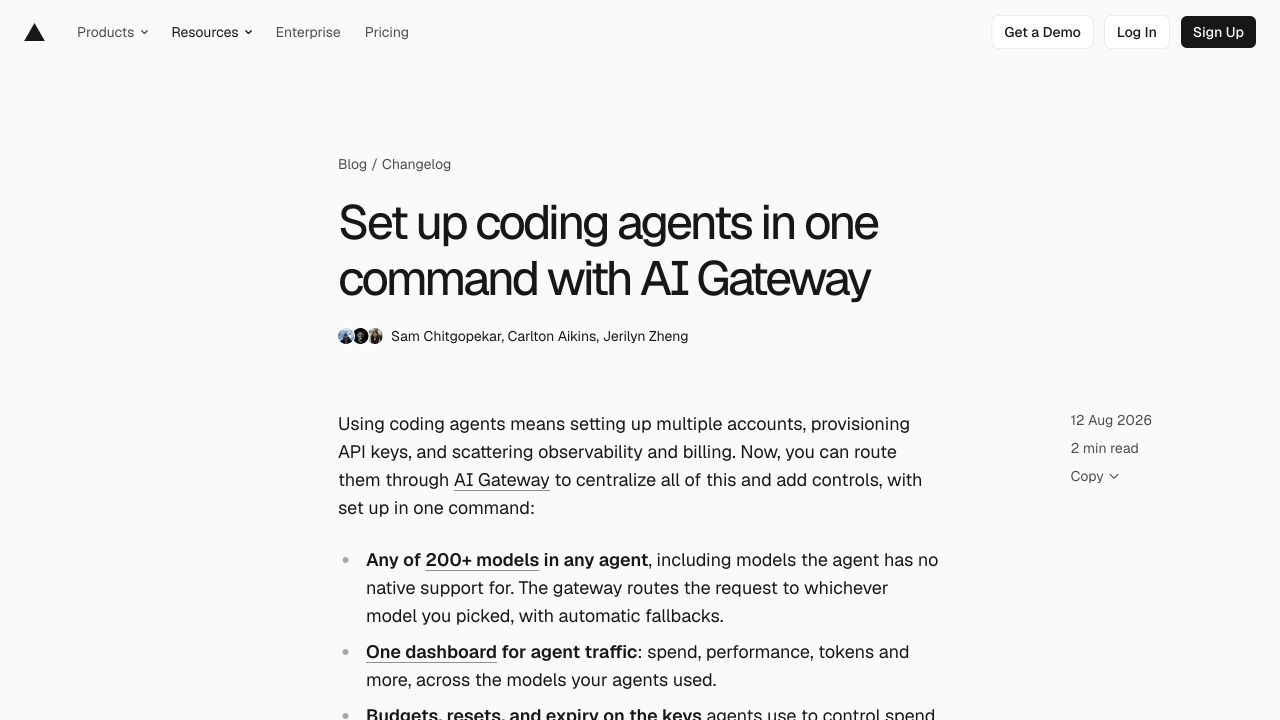 Vercel Changelog о настройке coding agents через AI Gateway